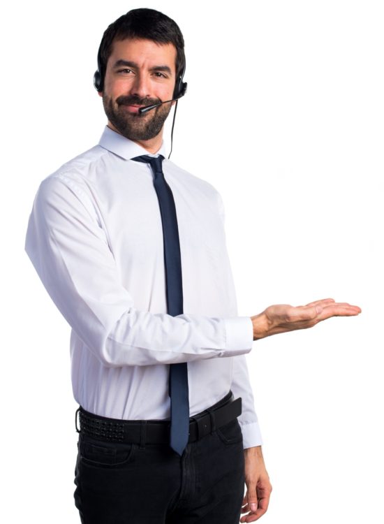 Young man with a headset presenting something